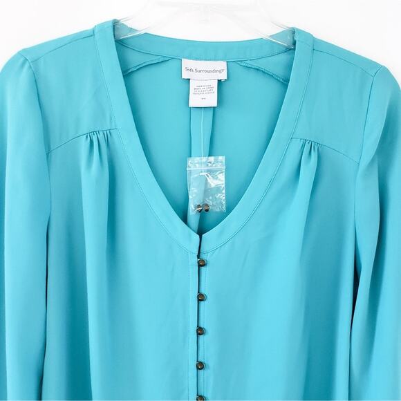 NEW Soft Surroundings Teal Blouse Studded Buttons Long Sleeve XSmall - Picture 2 of 5